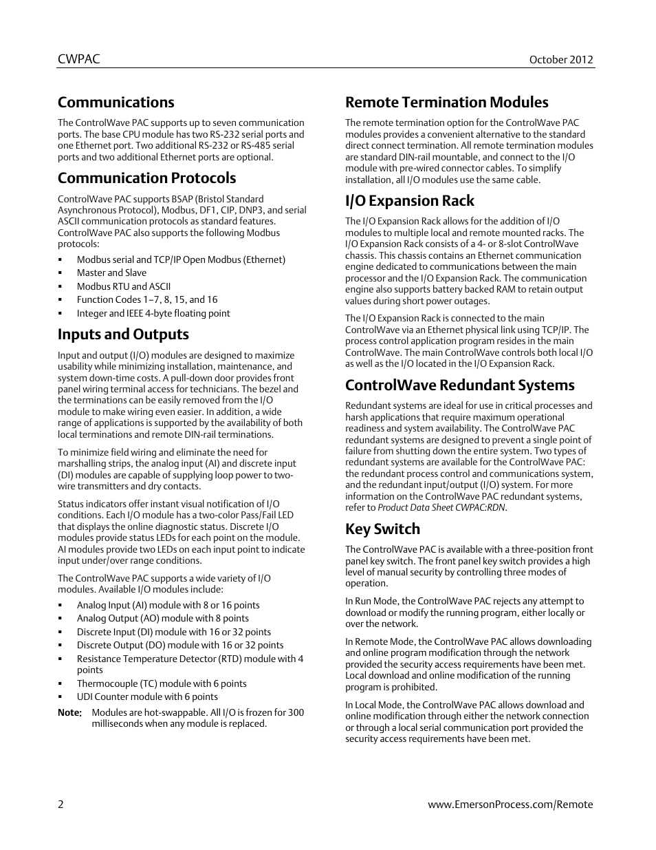 Communications, Communication protocols, Inputs and outputs | Remote termination modules, I/o expansion rack, Controlwave redundant systems, Key switch | Emerson Process Management Bristol ControlWave PAC User Manual | Page 2 / 7