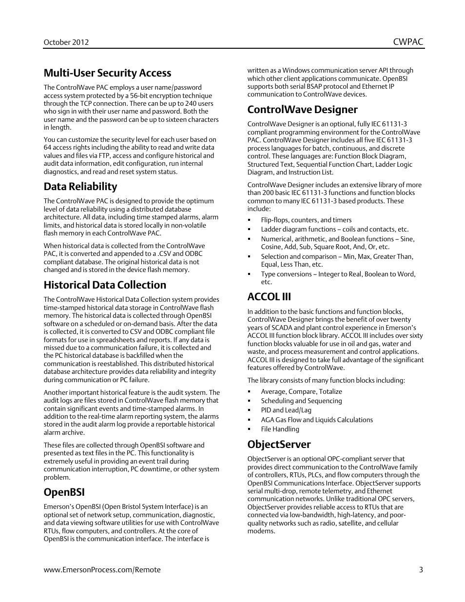 Multi-user security access, Data reliability, Historical data collection | Openbsi, Controlwave designer, Accol iii, Objectserver | Emerson Process Management Bristol ControlWave PAC User Manual | Page 3 / 7