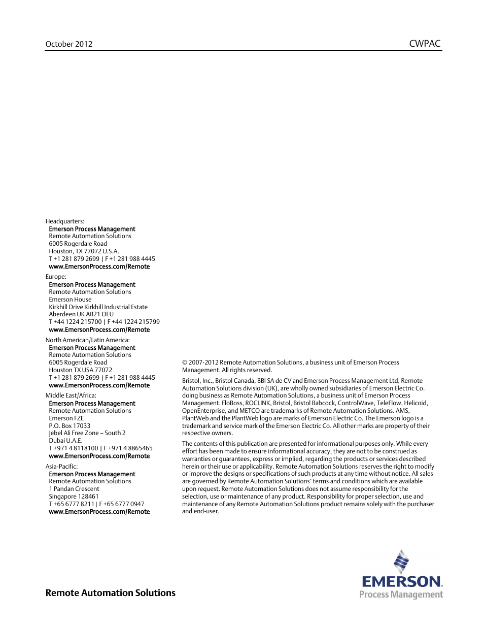 Cwpac, Remote automation solutions | Emerson Process Management Bristol ControlWave PAC User Manual | Page 7 / 7