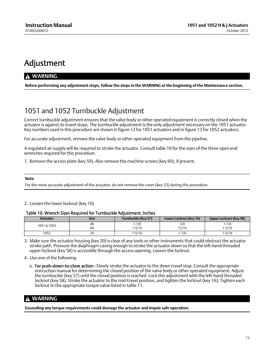 Adjustment, Instruction manual, Warning | Emerson Process Management 1051 User Manual | Page 13 / 40