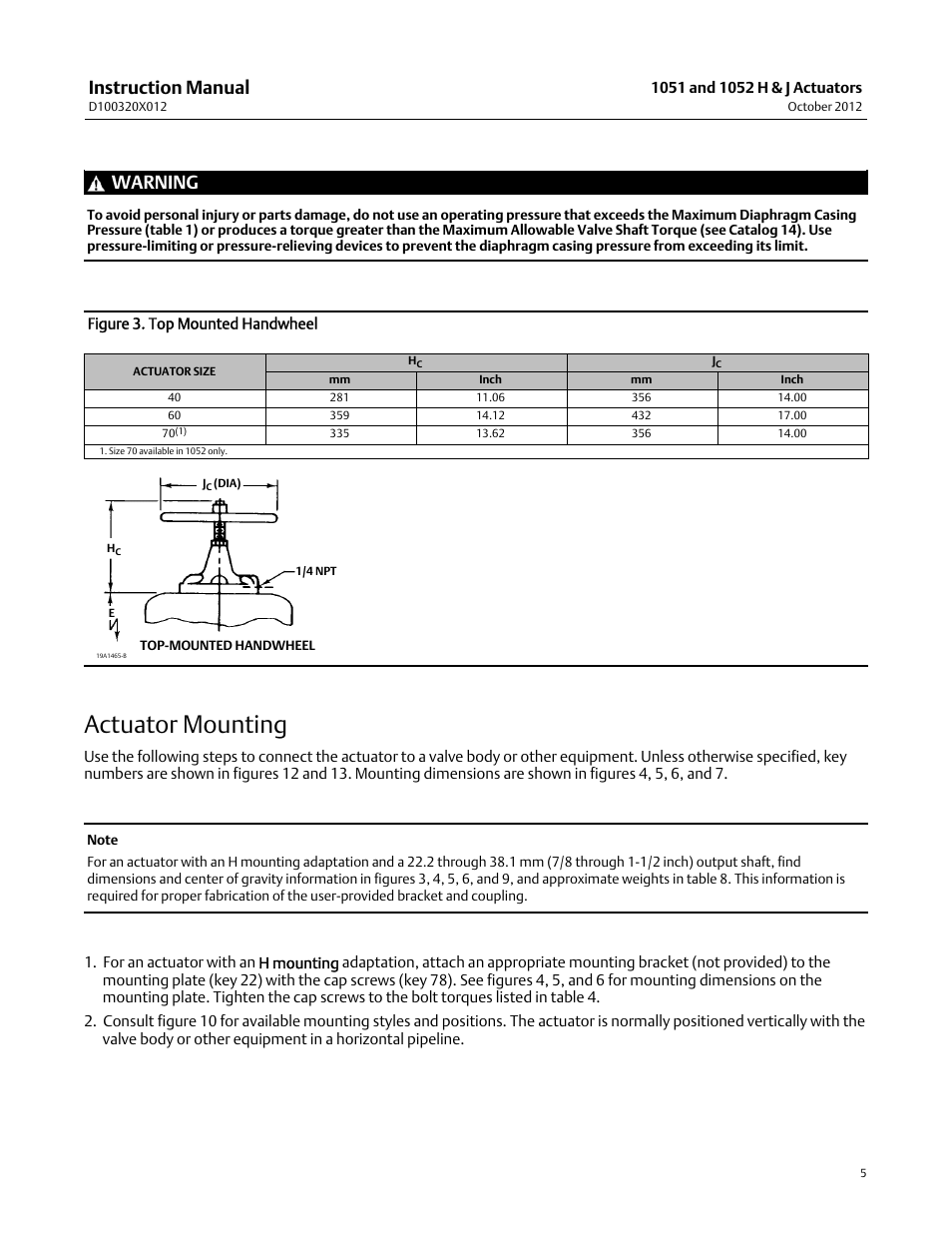Actuator mounting, Instruction manual, Warning | Emerson Process Management 1051 User Manual | Page 5 / 40