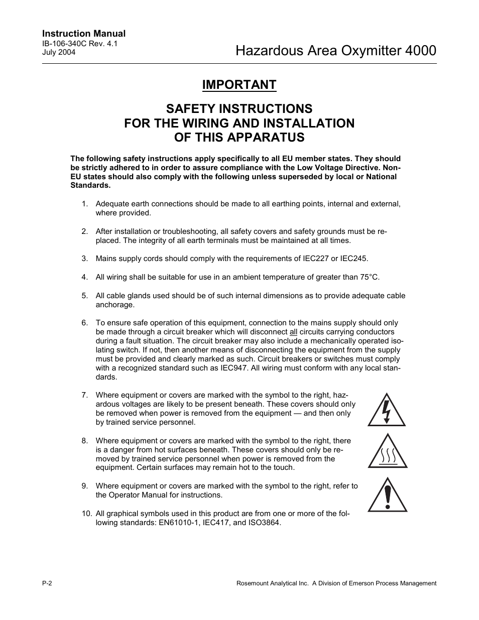 Safety instructions, Hazardous area oxymitter 4000 | Emerson Process Management OXYMITTER 4000 User Manual | Page 10 / 150