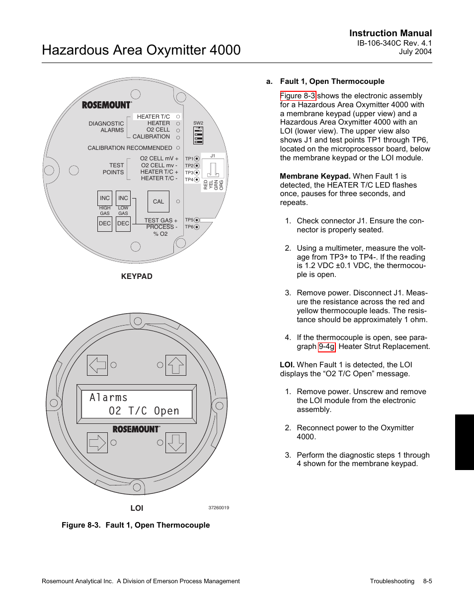 Figure 8-3. fault 1, open thermocouple -5, Hazardous area oxymitter 4000, Alarms o2 t/c open | Instruction manual | Emerson Process Management OXYMITTER 4000 User Manual | Page 101 / 150