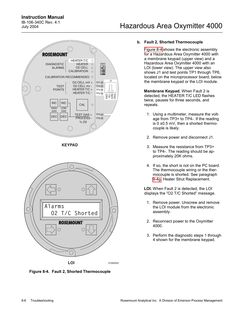 Figure 8-4. fault 2, shorted thermocouple -6, Hazardous area oxymitter 4000, Alarms o2 t/c shorted | Instruction manual | Emerson Process Management OXYMITTER 4000 User Manual | Page 102 / 150