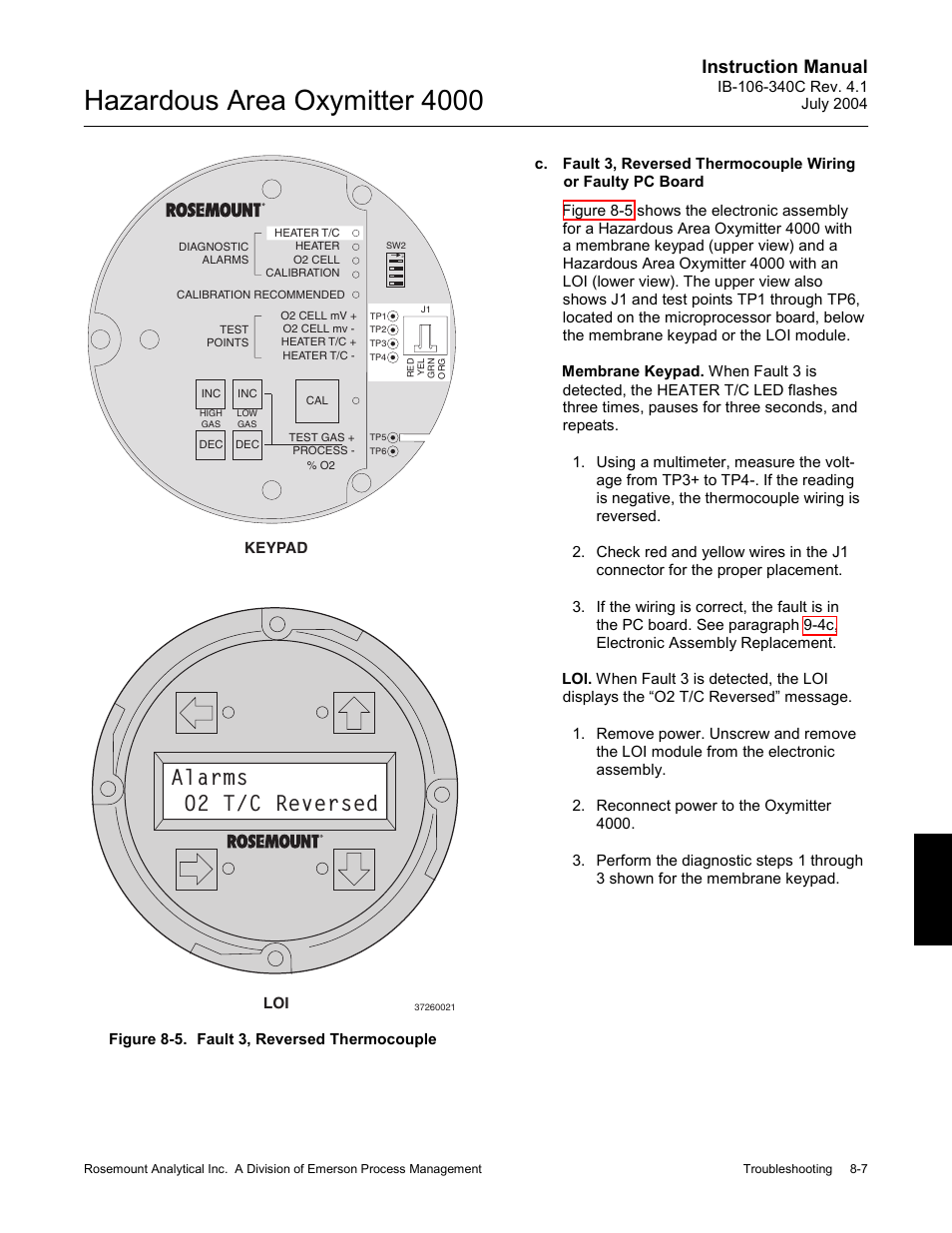 Figure 8-5. fault 3, reversed thermocouple -7, Hazardous area oxymitter 4000, Alarms o2 t/c reversed | Instruction manual | Emerson Process Management OXYMITTER 4000 User Manual | Page 103 / 150