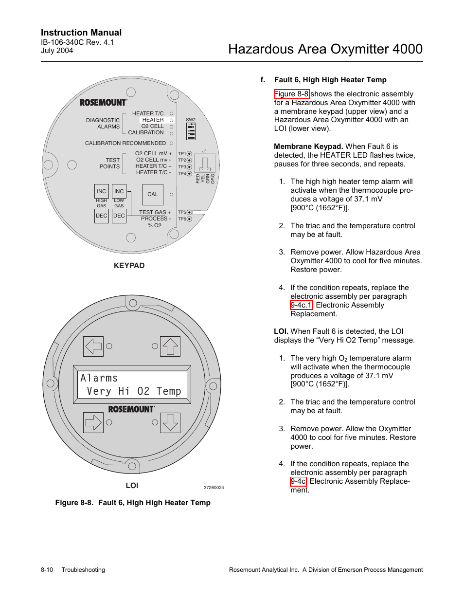 Figure 8-8. fault 6, high high heater temp -10, Hazardous area oxymitter 4000, Alarms very hi o2 temp | Instruction manual | Emerson Process Management OXYMITTER 4000 User Manual | Page 106 / 150