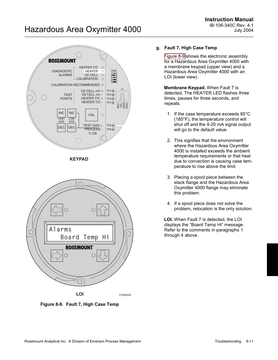 Figure 8-9. fault 7, high case temp -11, Hazardous area oxymitter 4000, Alarms board temp hi | Instruction manual | Emerson Process Management OXYMITTER 4000 User Manual | Page 107 / 150