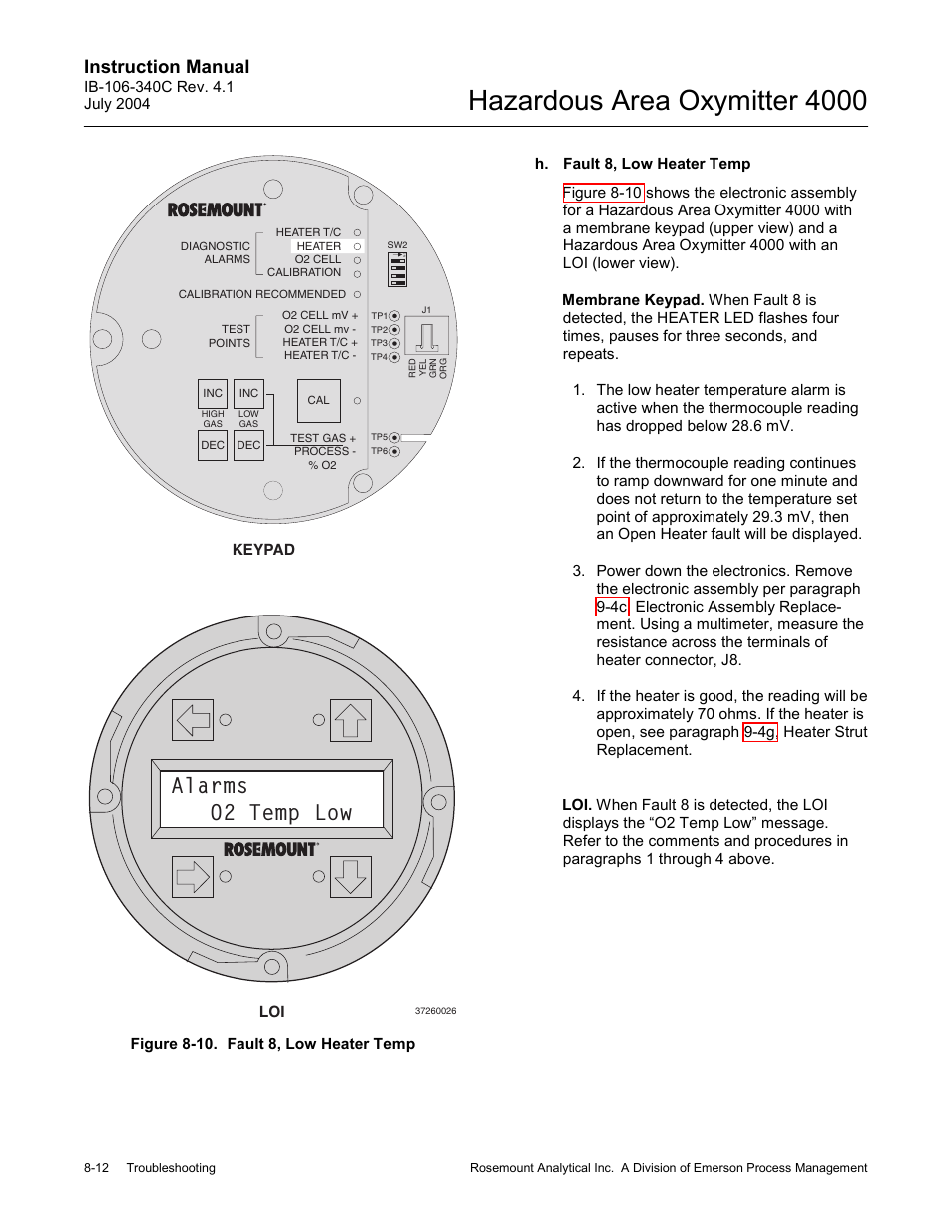 Figure 8-10. fault 8, low heater temp -12, Hazardous area oxymitter 4000, Alarms o2 temp low | Instruction manual | Emerson Process Management OXYMITTER 4000 User Manual | Page 108 / 150