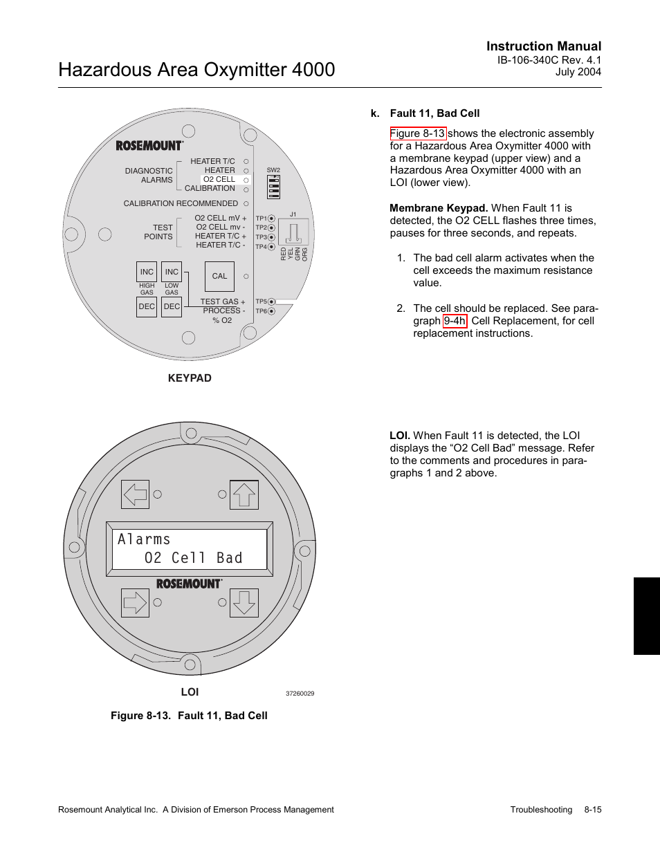 Figure 8-13. fault 11, bad cell -15, Hazardous area oxymitter 4000, Alarms o2 cell bad | Instruction manual | Emerson Process Management OXYMITTER 4000 User Manual | Page 111 / 150