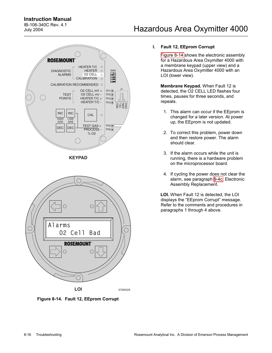 Figure 8-14. fault 12, eeprom corrupt -16, Hazardous area oxymitter 4000, Alarms o2 cell bad | Instruction manual | Emerson Process Management OXYMITTER 4000 User Manual | Page 112 / 150
