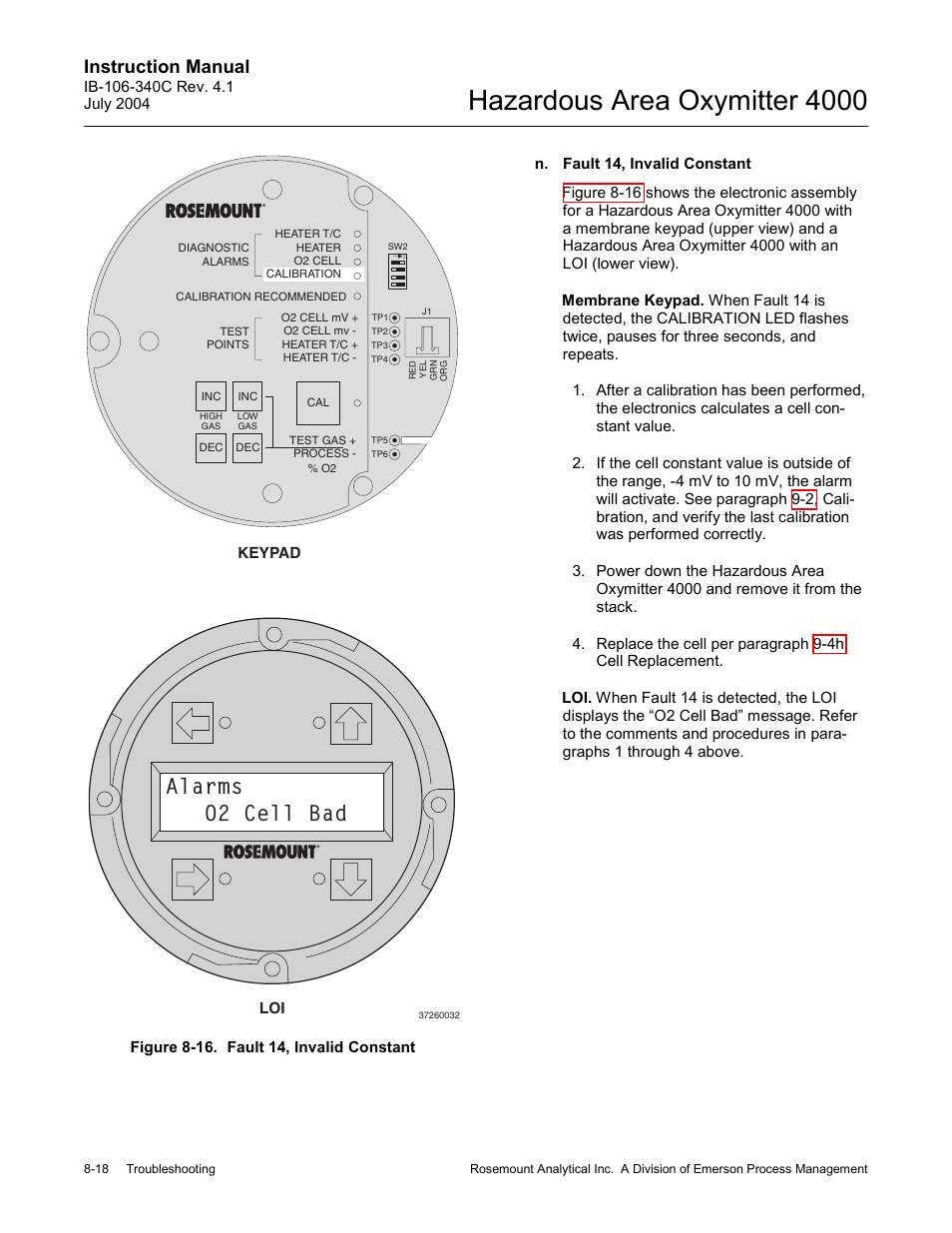 Figure 8-16. fault 14, invalid constant -18, Hazardous area oxymitter 4000, Alarms o2 cell bad | Instruction manual | Emerson Process Management OXYMITTER 4000 User Manual | Page 114 / 150