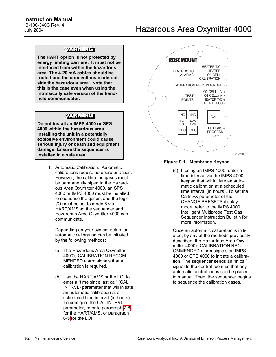Figure 9-1. membrane keypad -2, Figure 9-1), Hazardous area oxymitter 4000 | Instruction manual | Emerson Process Management OXYMITTER 4000 User Manual | Page 120 / 150