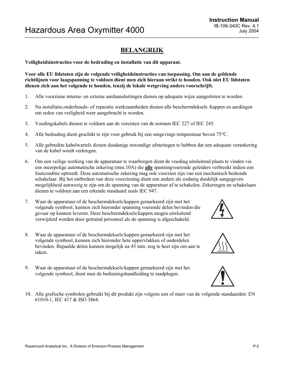 Hazardous area oxymitter 4000, Belangrijk | Emerson Process Management OXYMITTER 4000 User Manual | Page 13 / 150