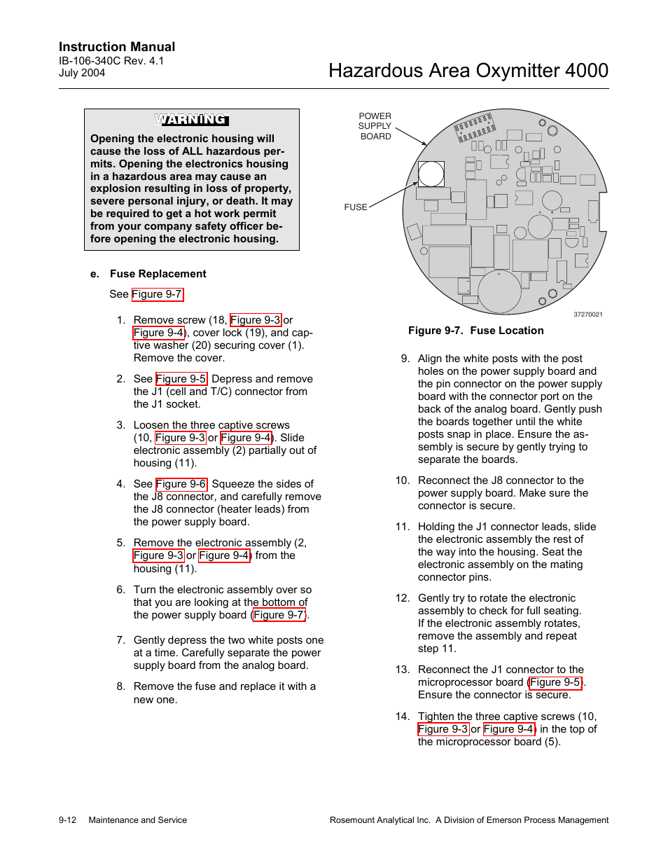 Figure 9-7. fuse location -12, Hazardous area oxymitter 4000 | Emerson Process Management OXYMITTER 4000 User Manual | Page 130 / 150