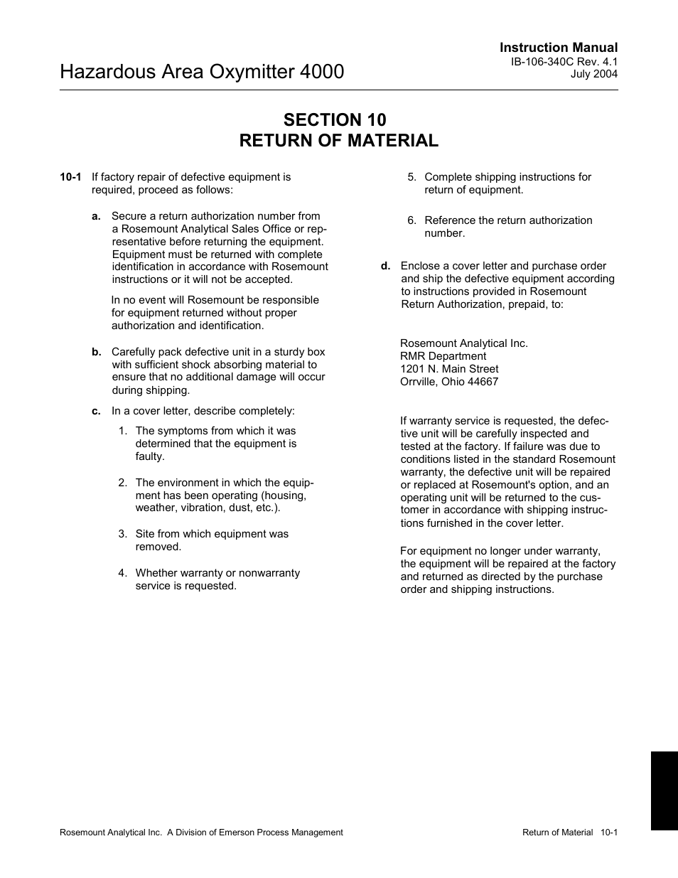 Return of material -1, Hazardous area oxymitter 4000 | Emerson Process Management OXYMITTER 4000 User Manual | Page 137 / 150
