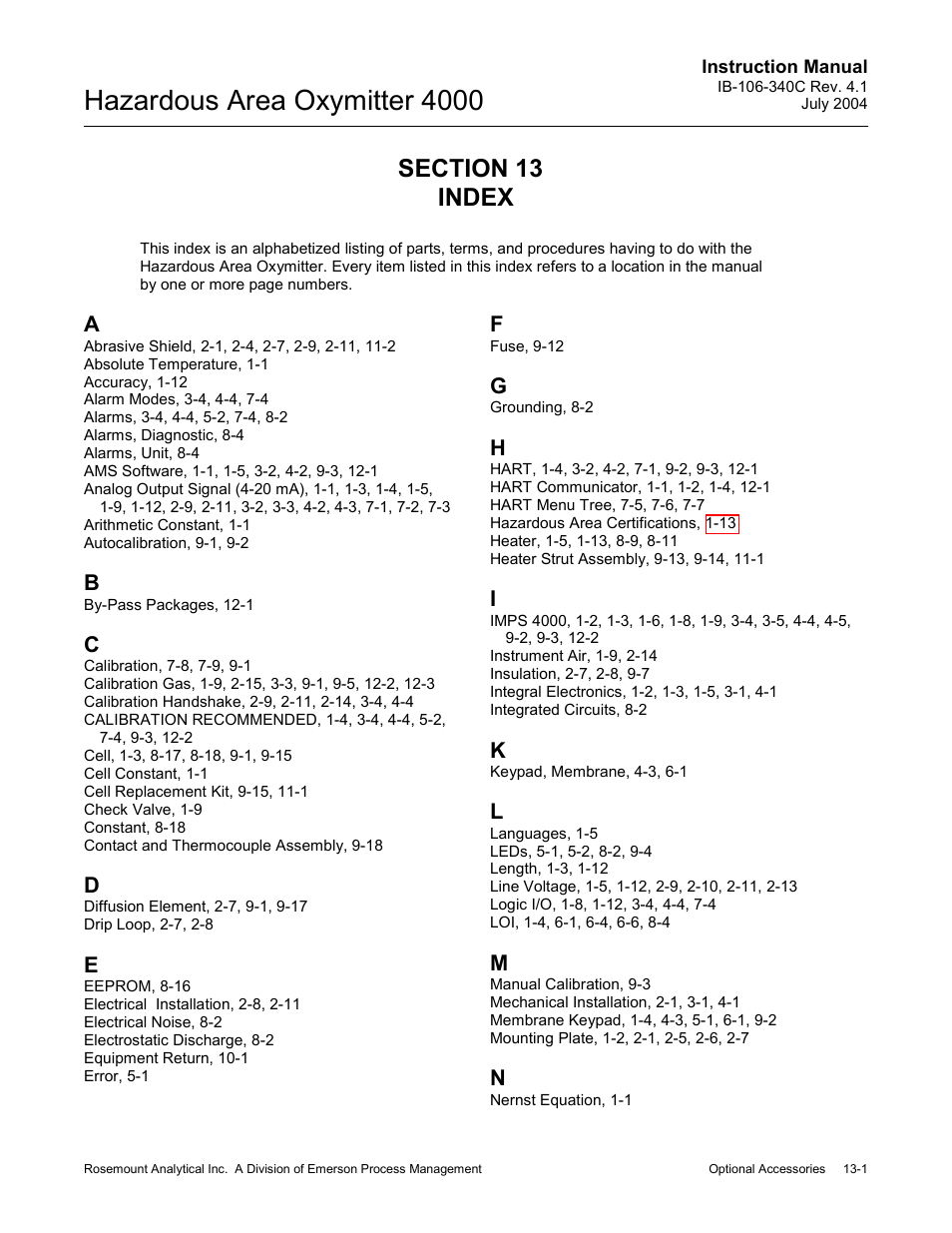 Index -1, Hazardous area oxymitter 4000 | Emerson Process Management OXYMITTER 4000 User Manual | Page 147 / 150