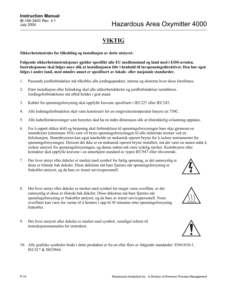 Hazardous area oxymitter 4000, Viktig | Emerson Process Management OXYMITTER 4000 User Manual | Page 18 / 150