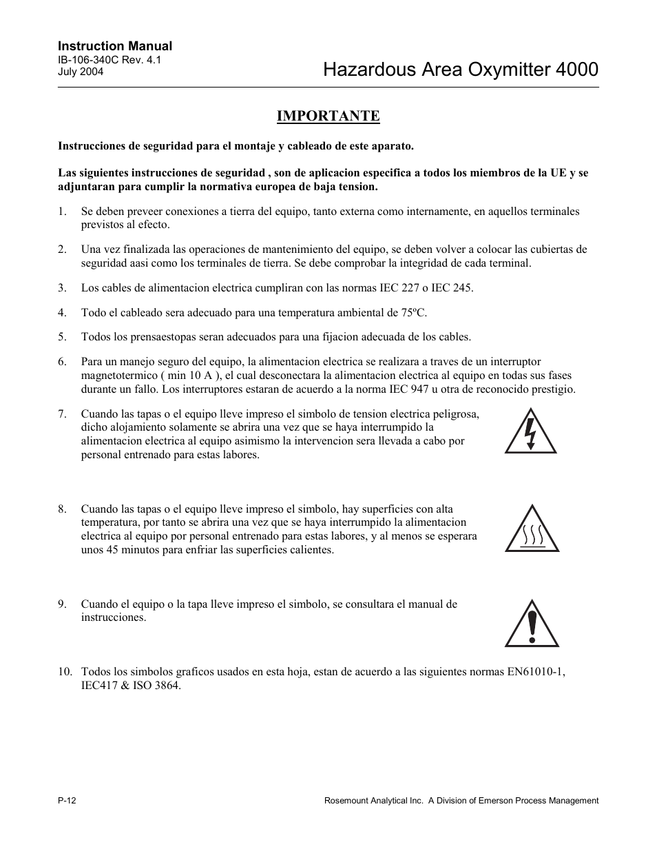 Hazardous area oxymitter 4000, Importante | Emerson Process Management OXYMITTER 4000 User Manual | Page 20 / 150