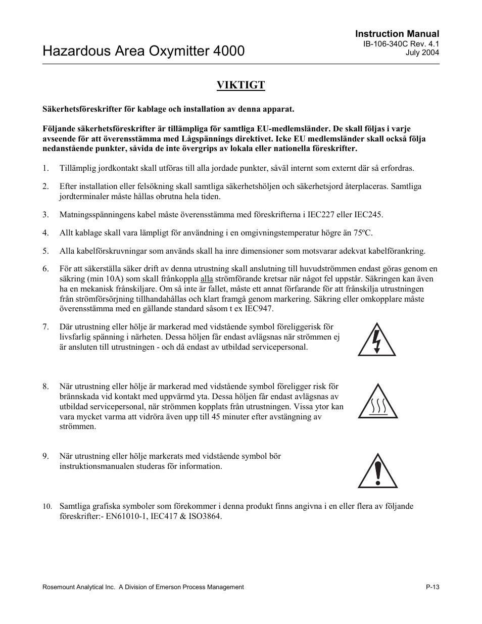 Hazardous area oxymitter 4000, Viktigt | Emerson Process Management OXYMITTER 4000 User Manual | Page 21 / 150