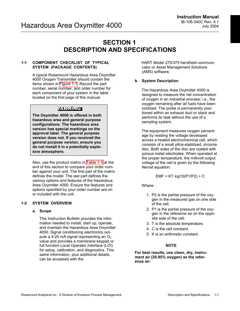 Description and specifications -1, System overview -1, Hazardous area oxymitter 4000 | Emerson Process Management OXYMITTER 4000 User Manual | Page 31 / 150