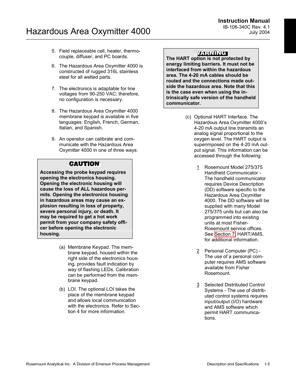 Hazardous area oxymitter 4000 | Emerson Process Management OXYMITTER 4000 User Manual | Page 35 / 150