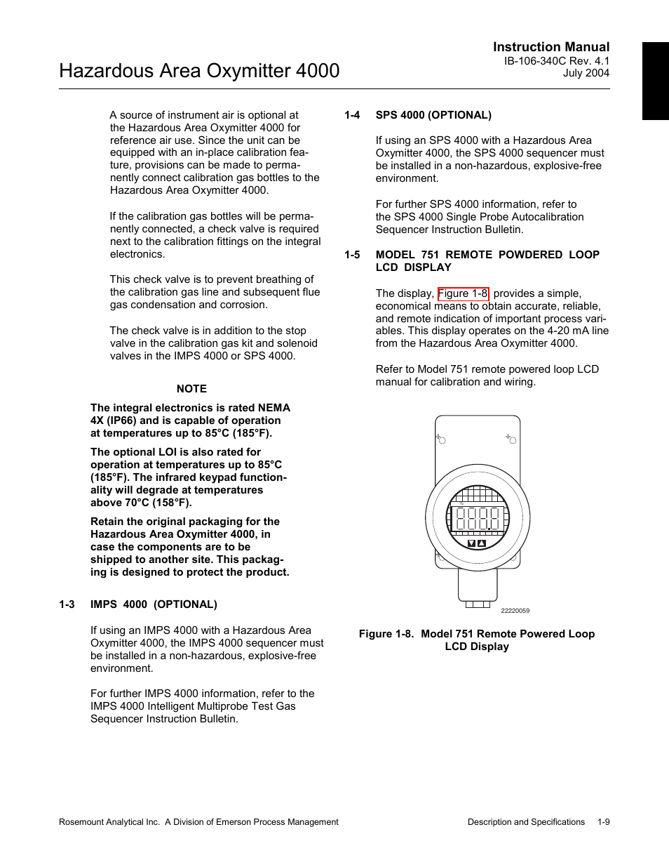 Imps 4000 (optional) -9, Sps 4000 (optional) -9, Model 751 remote powdered loop lcd display -9 | Hazardous area oxymitter 4000 | Emerson Process Management OXYMITTER 4000 User Manual | Page 39 / 150