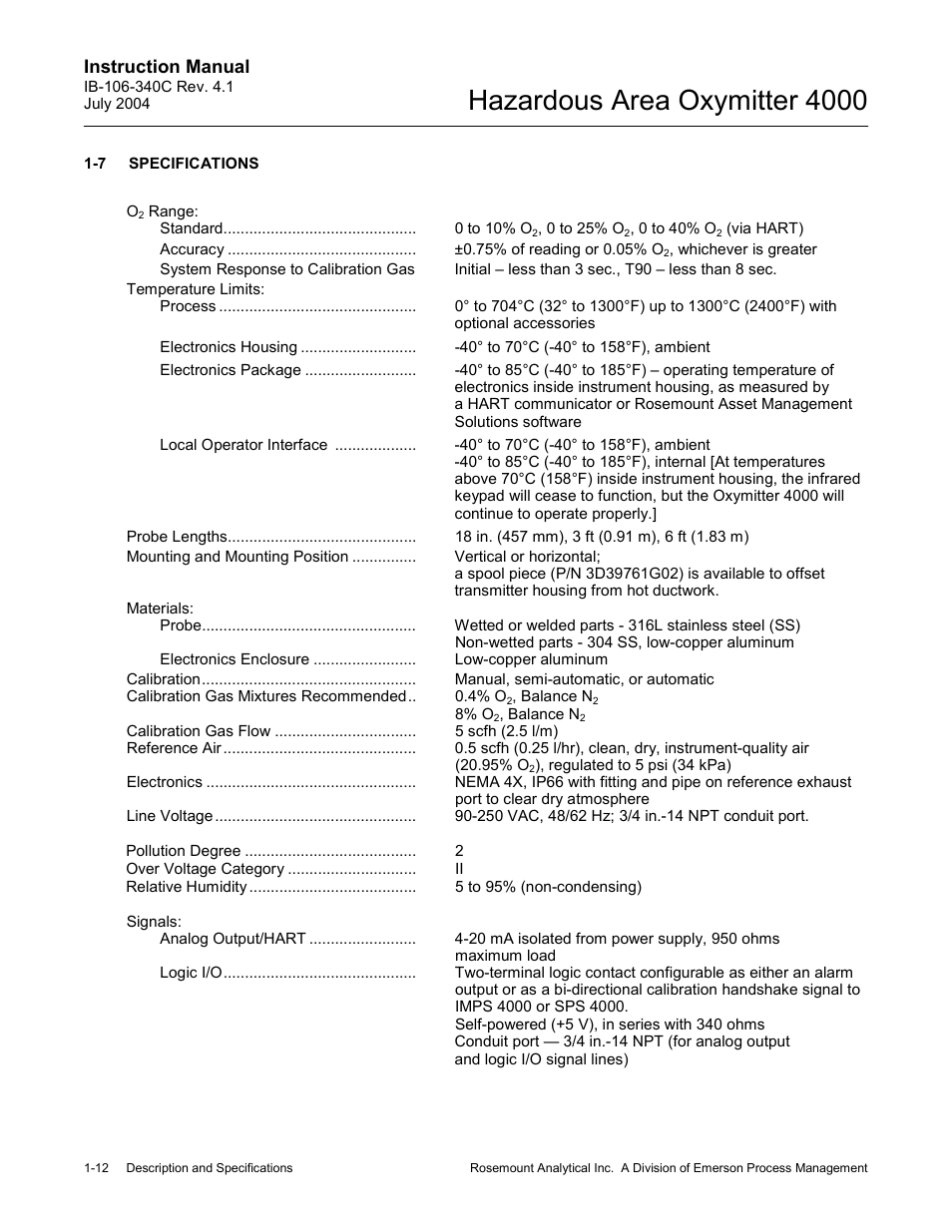 Specifications -12, Hazardous area oxymitter 4000, Instruction manual | Emerson Process Management OXYMITTER 4000 User Manual | Page 42 / 150