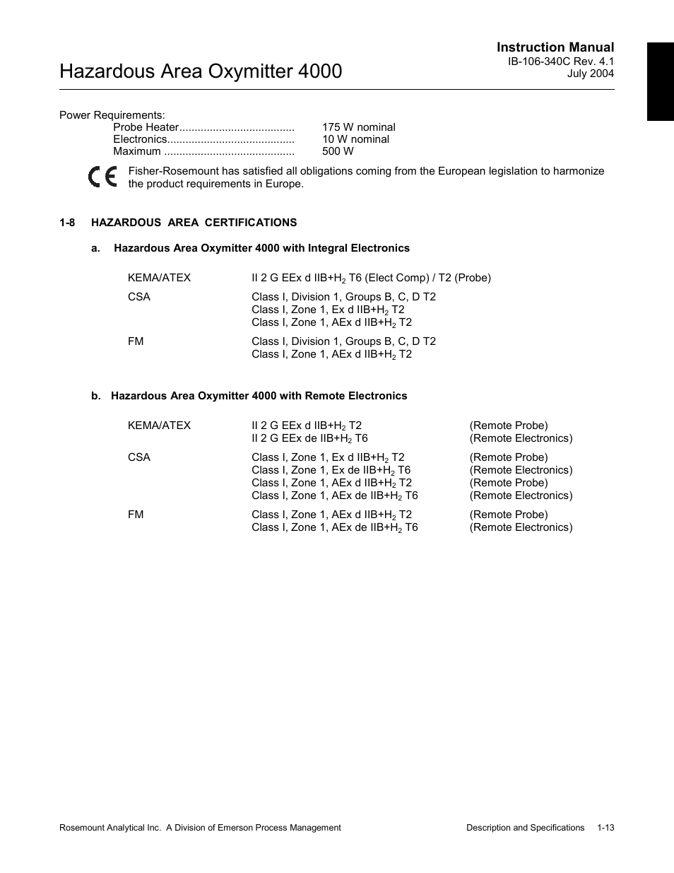 Hazardous area certifications -13, Hazardous area oxymitter 4000, Instruction manual | Emerson Process Management OXYMITTER 4000 User Manual | Page 43 / 150