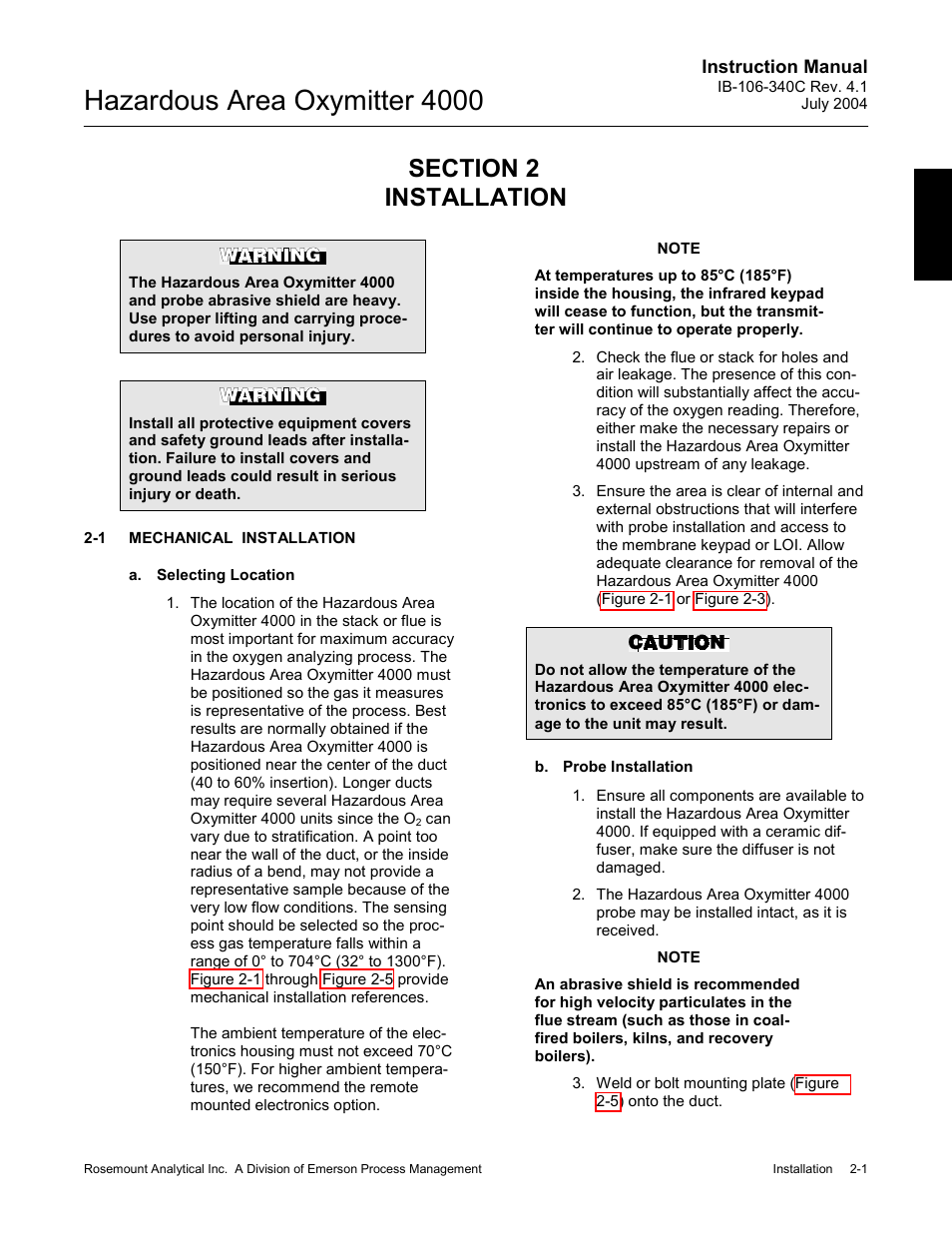 Installation -1, Mechanical installation -1, Hazardous area oxymitter 4000 | Emerson Process Management OXYMITTER 4000 User Manual | Page 47 / 150
