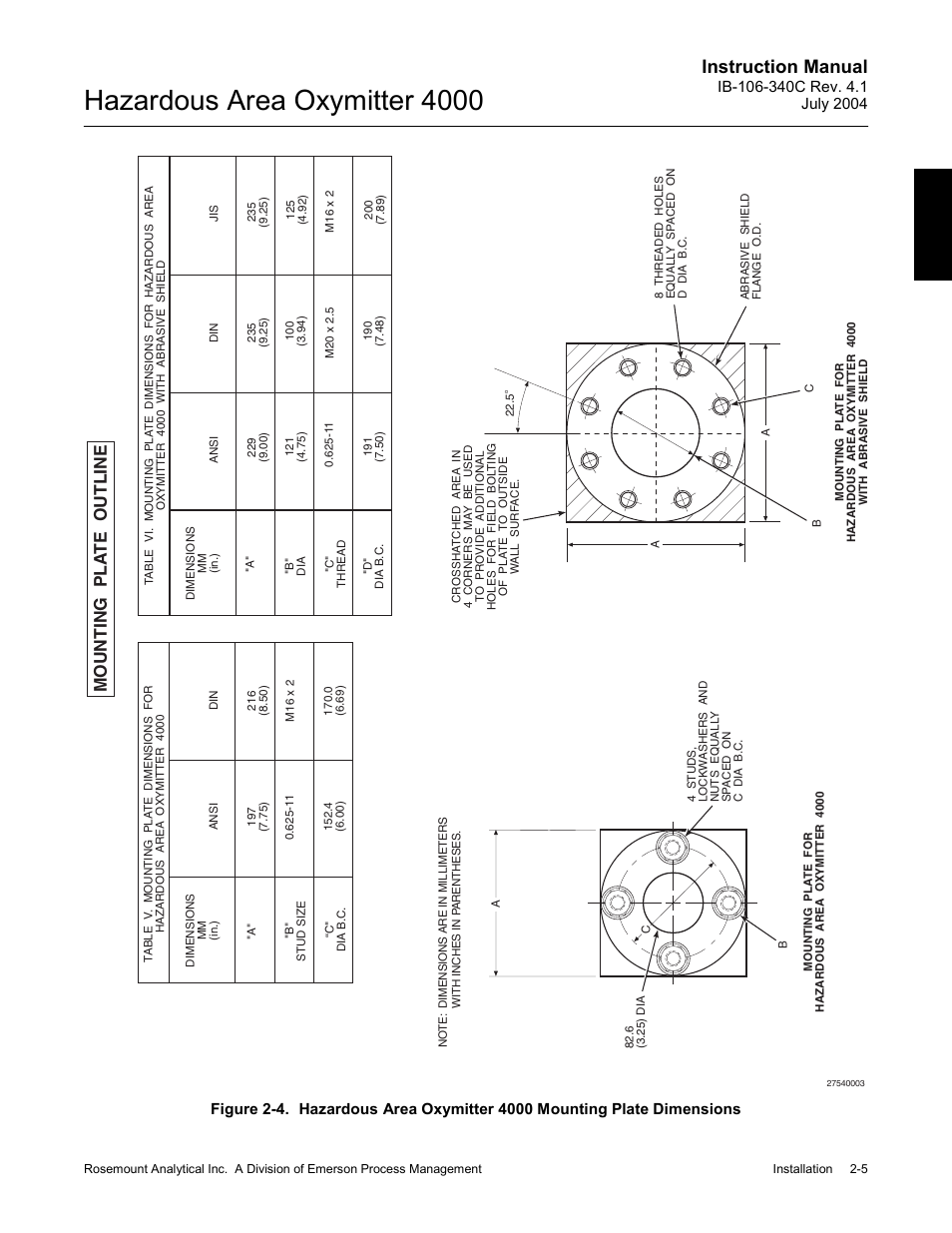 Hazardous area oxymitter 4000, Instruction manual, Mounting pla te outline | Emerson Process Management OXYMITTER 4000 User Manual | Page 51 / 150