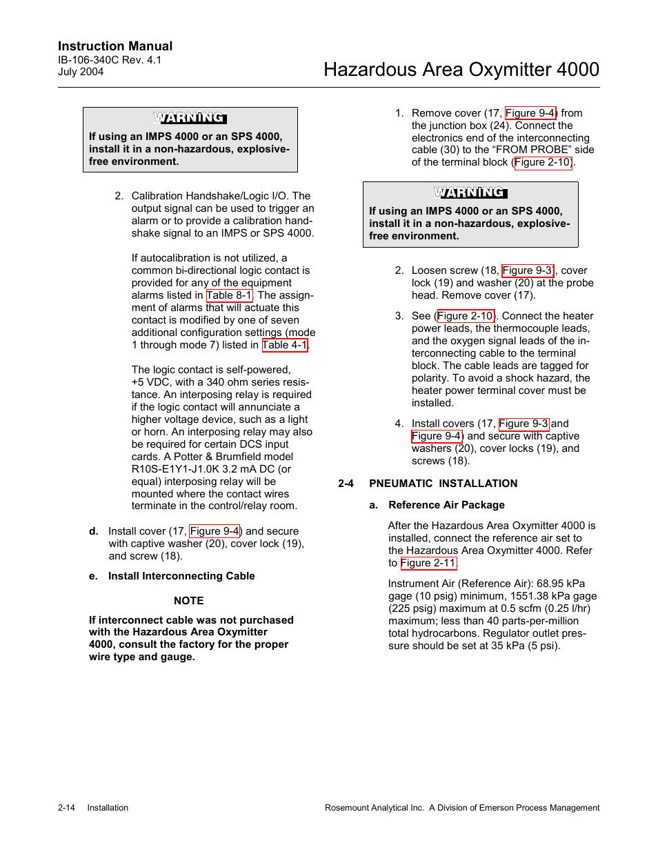 Pneumatic installation -14, Hazardous area oxymitter 4000 | Emerson Process Management OXYMITTER 4000 User Manual | Page 60 / 150