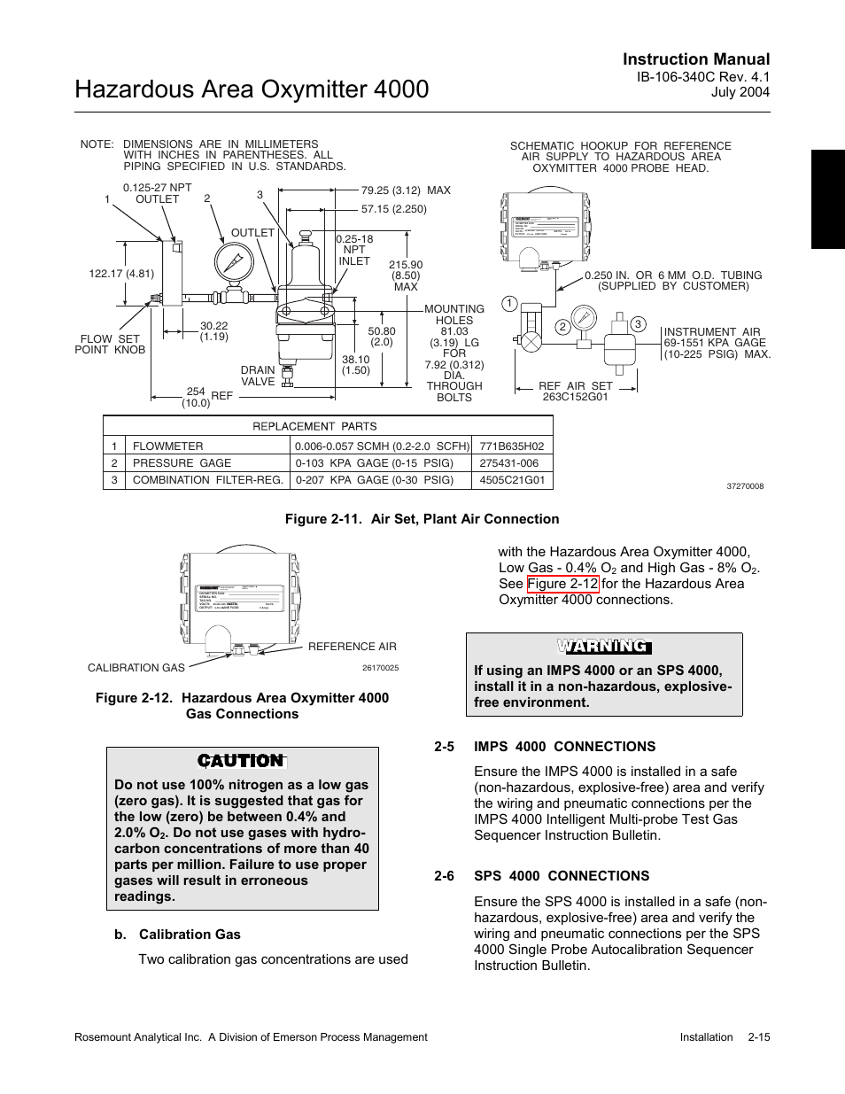 Imps 4000 connections -15, Sps 4000 connections -15, To figure 2-11 | Hazardous area oxymitter 4000, Instruction manual, Figure 2-11. air set, plant air connection, And high gas - 8% o | Emerson Process Management OXYMITTER 4000 User Manual | Page 61 / 150