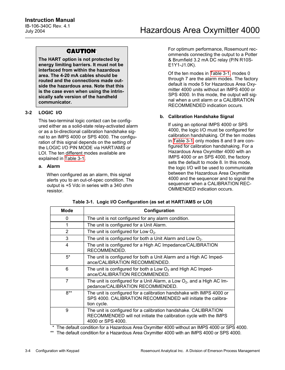 Logic i/o -4, Table 3-1, Hazardous area oxymitter 4000 | Emerson Process Management OXYMITTER 4000 User Manual | Page 66 / 150