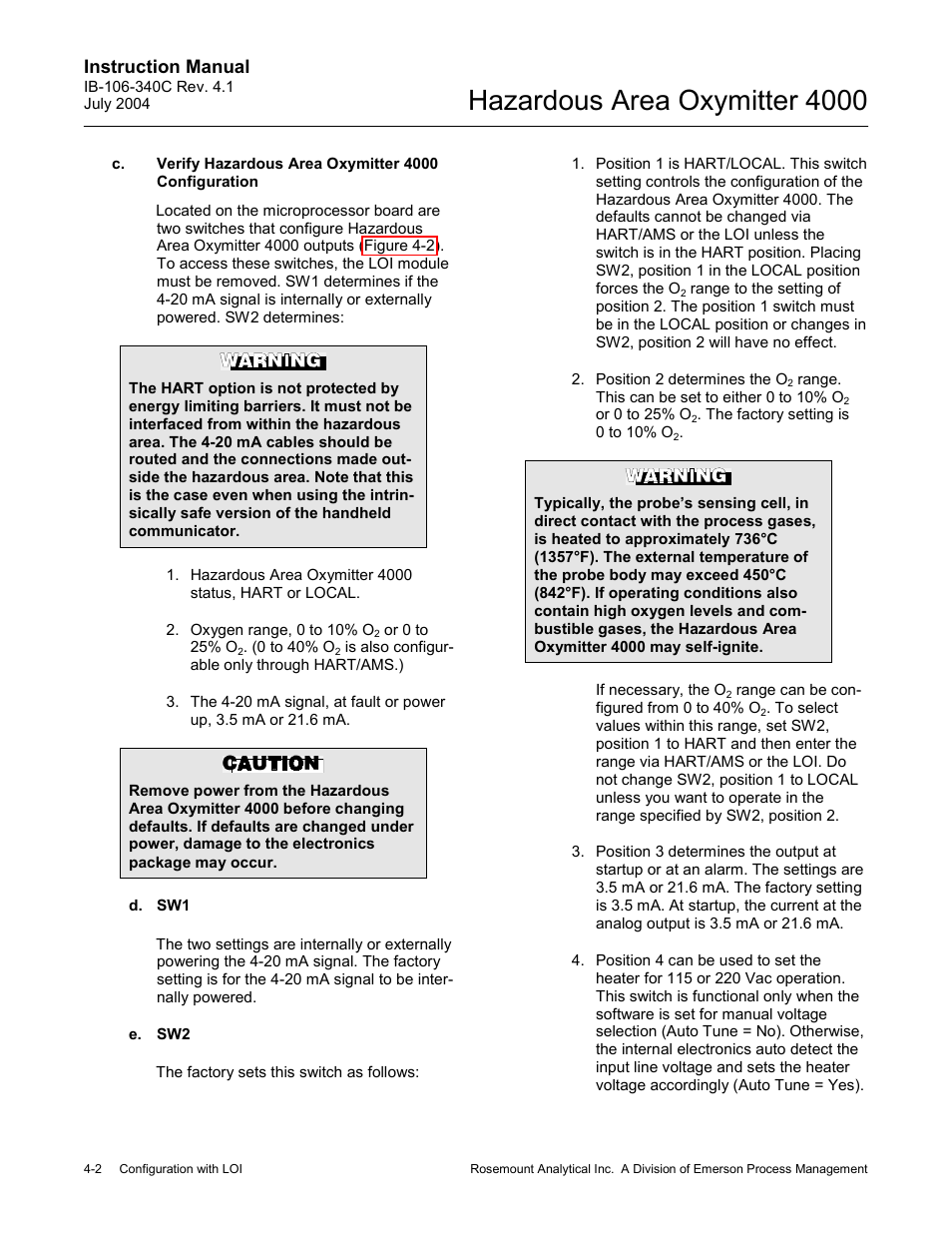 Hazardous area oxymitter 4000, Instruction manual | Emerson Process Management OXYMITTER 4000 User Manual | Page 70 / 150