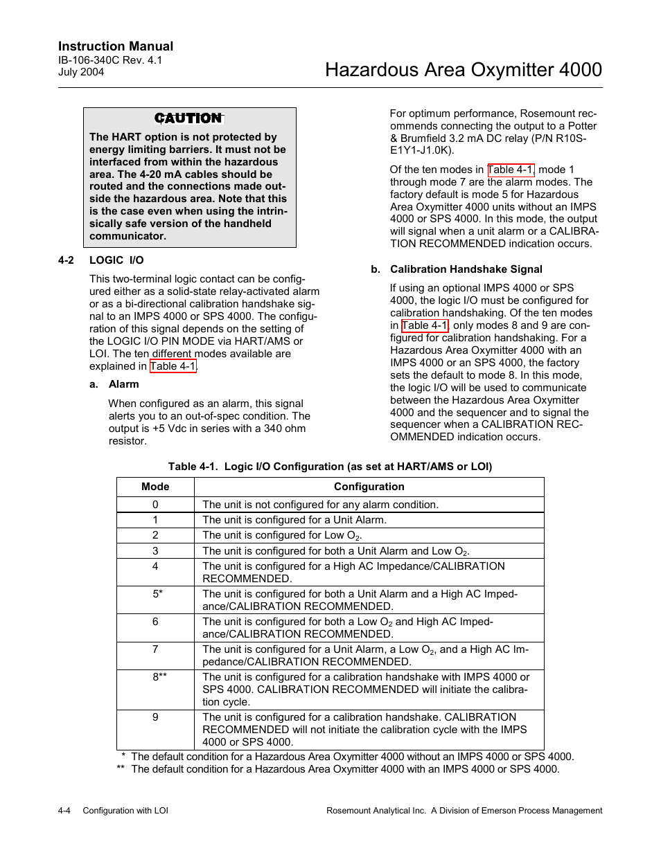 Logic i/o -4, Table 4-1, Hazardous area oxymitter 4000 | Emerson Process Management OXYMITTER 4000 User Manual | Page 72 / 150