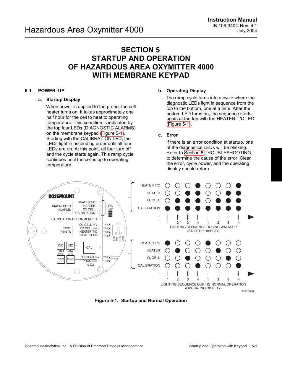 Power up -1, Figure 5-1. startup and normal operation -1, Hazardous area oxymitter 4000 | Instruction manual | Emerson Process Management OXYMITTER 4000 User Manual | Page 75 / 150