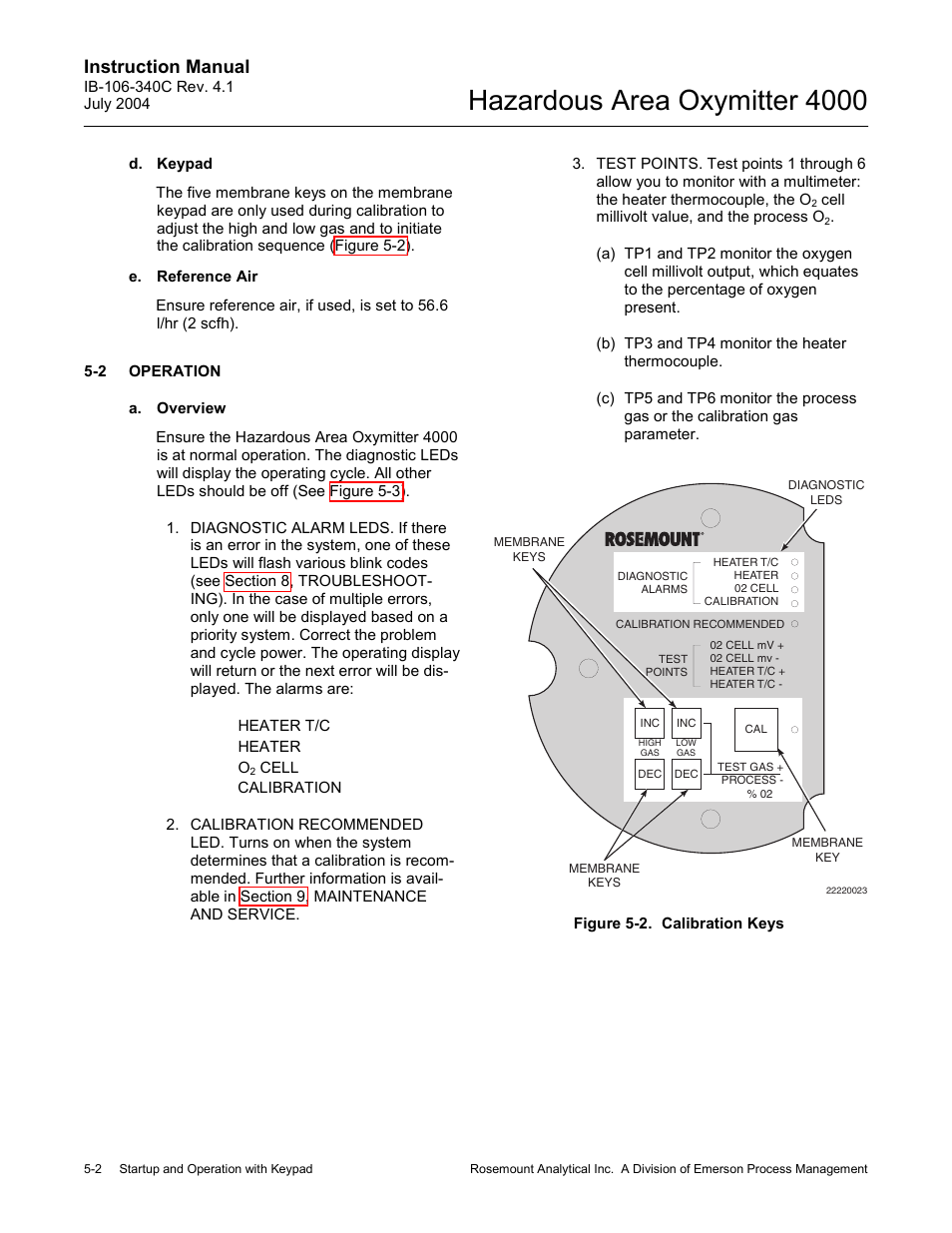 Operation -2, Figure 5-2. calibration keys -2, Hazardous area oxymitter 4000 | Instruction manual | Emerson Process Management OXYMITTER 4000 User Manual | Page 76 / 150