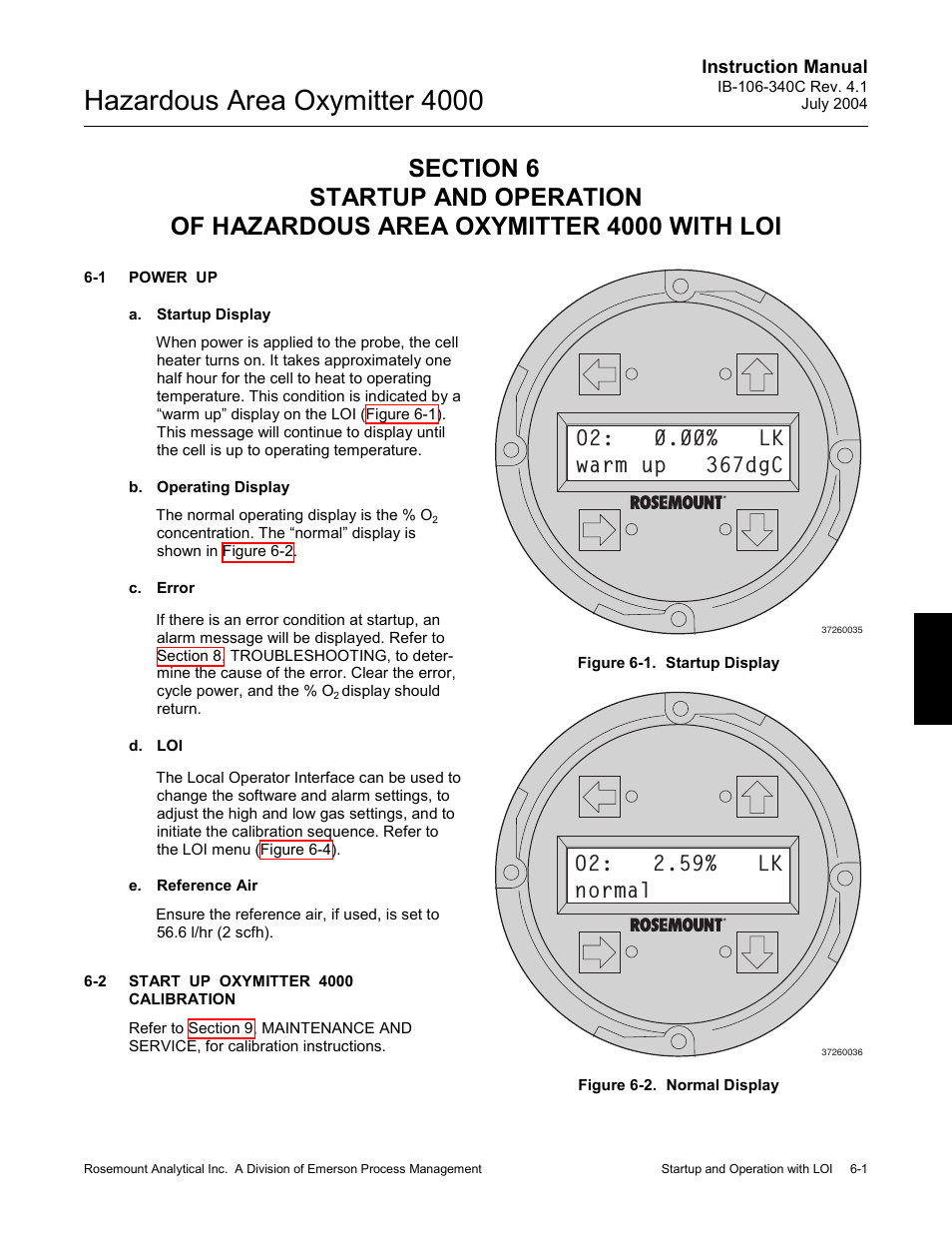 Power up -1, Start up oxymitter 4000 calibration -1, Hazardous area oxymitter 4000 | O2: 2.59% lk normal | Emerson Process Management OXYMITTER 4000 User Manual | Page 79 / 150