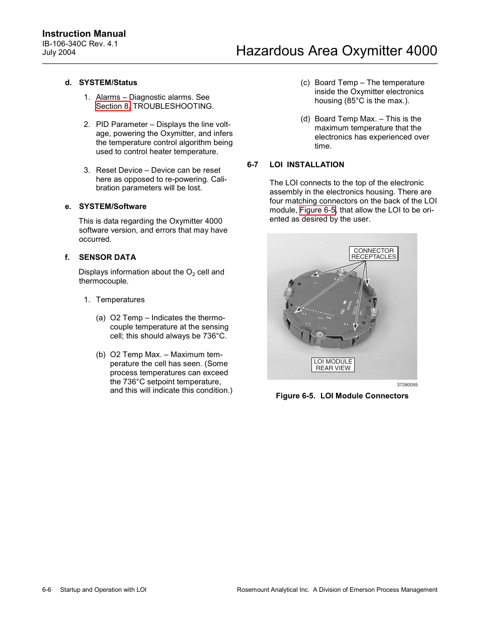 Loi installation -6, Figure 6-5. loi module connectors -6, Hazardous area oxymitter 4000 | Emerson Process Management OXYMITTER 4000 User Manual | Page 84 / 150