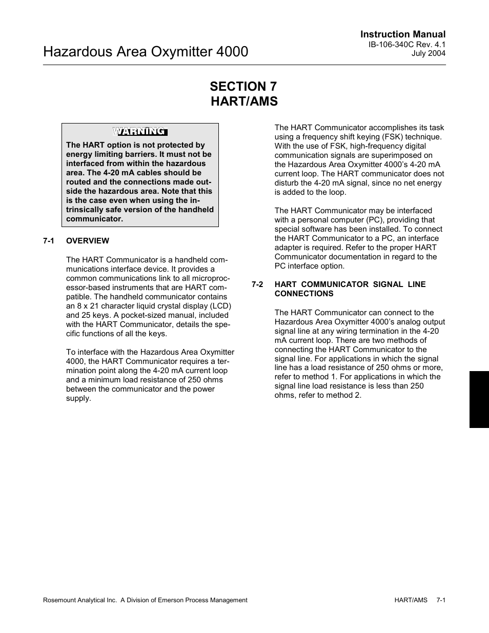 Hart/ams -1, Overview -1, Hart communicator signal line connections -1 | Hazardous area oxymitter 4000 | Emerson Process Management OXYMITTER 4000 User Manual | Page 87 / 150