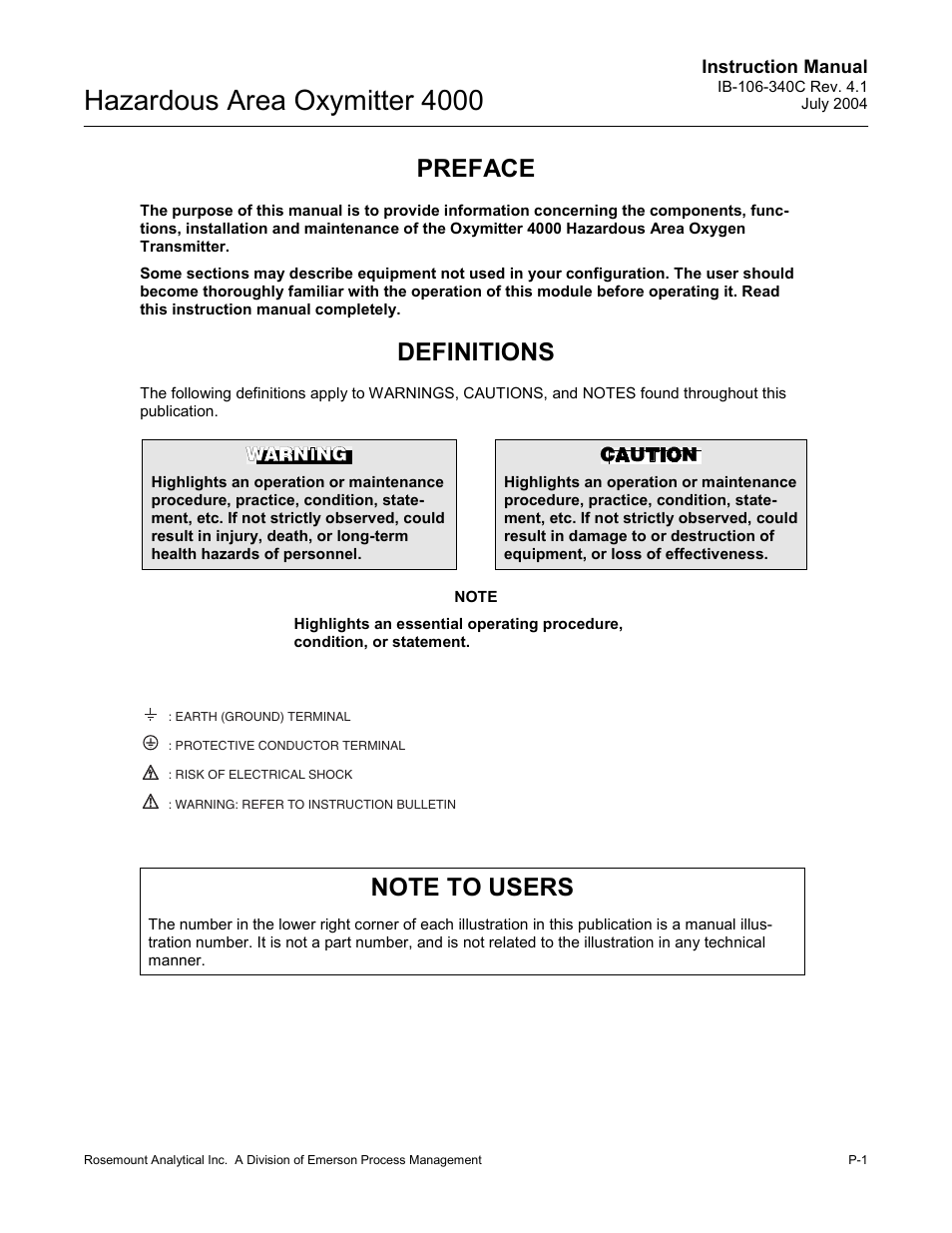 Preface definitions, Hazardous area oxymitter 4000, Preface | Definitions | Emerson Process Management OXYMITTER 4000 User Manual | Page 9 / 150