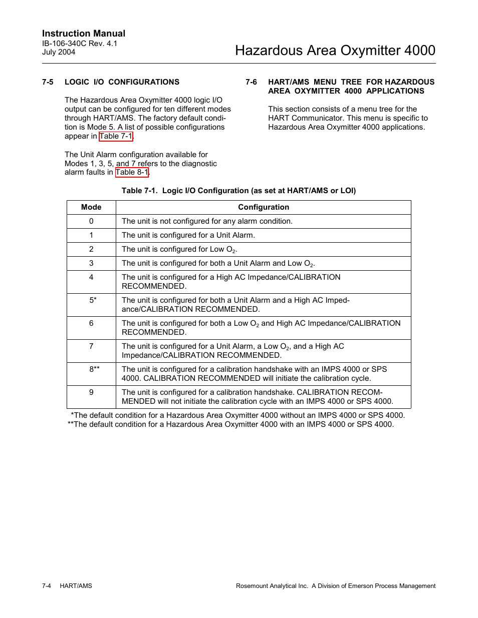 Logic i/o configurations -4, Table 7-1, Hazardous area oxymitter 4000 | Emerson Process Management OXYMITTER 4000 User Manual | Page 90 / 150
