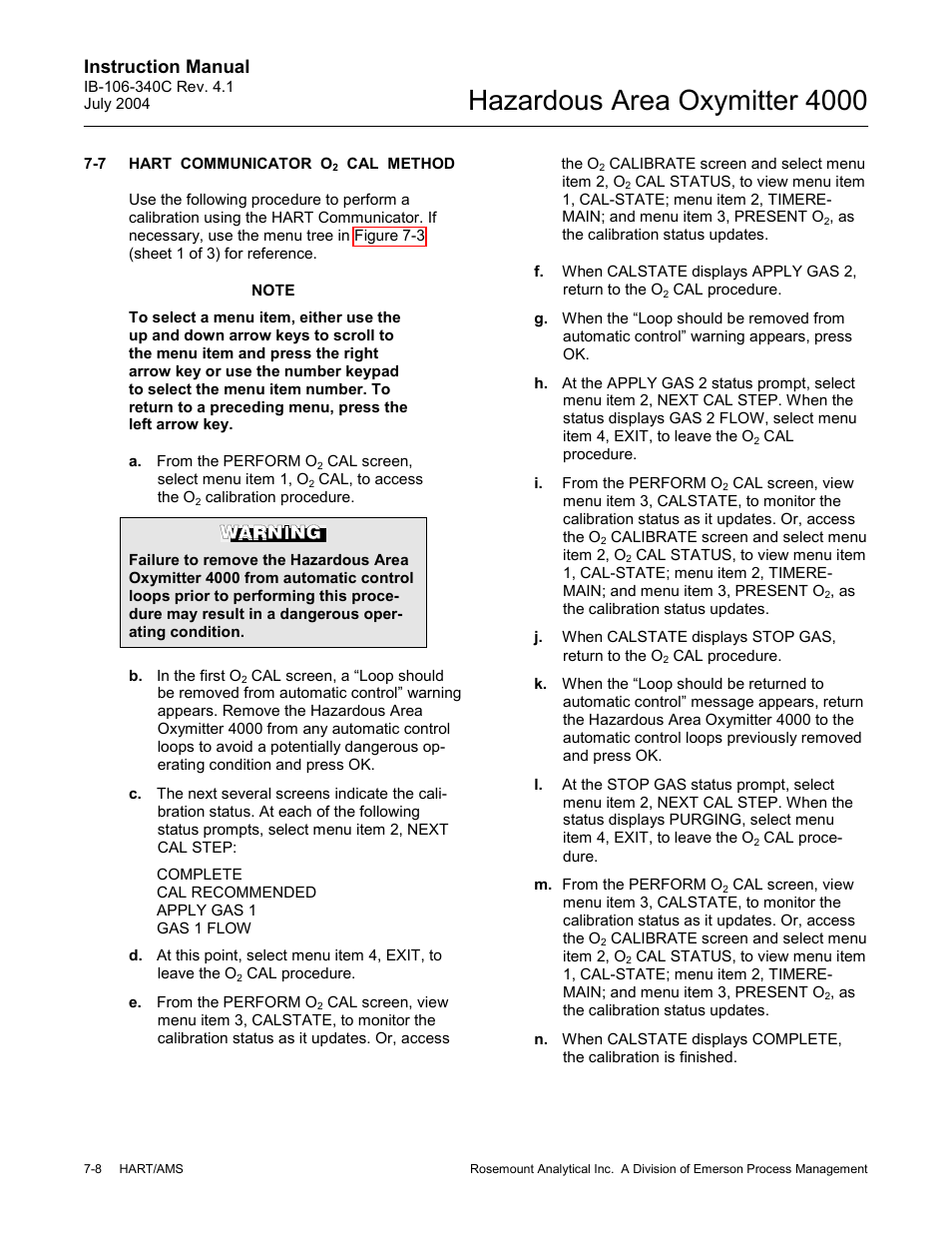 Hart communicator o, Cal method -8, Hazardous area oxymitter 4000 | Instruction manual | Emerson Process Management OXYMITTER 4000 User Manual | Page 94 / 150