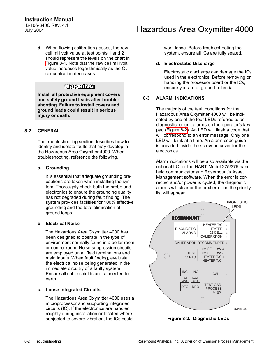 General -2, Alarm indications -2, Figure 8-2. diagnostic leds -2 | Hazardous area oxymitter 4000, Instruction manual | Emerson Process Management OXYMITTER 4000 User Manual | Page 98 / 150
