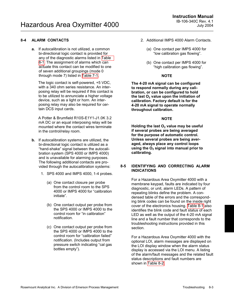 Alarm contacts -3, Identifying and correcting alarm indications -3, Hazardous area oxymitter 4000 | Emerson Process Management OXYMITTER 4000 User Manual | Page 99 / 150