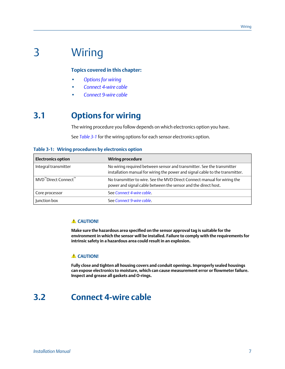 Wiring, Options for wiring, Connect 4-wire cable | Chapter 3, 3wiring, 1 options for wiring, 2 connect 4-wire cable | Emerson Process Management MICRO MOTION T-SERIES User Manual | Page 11 / 18
