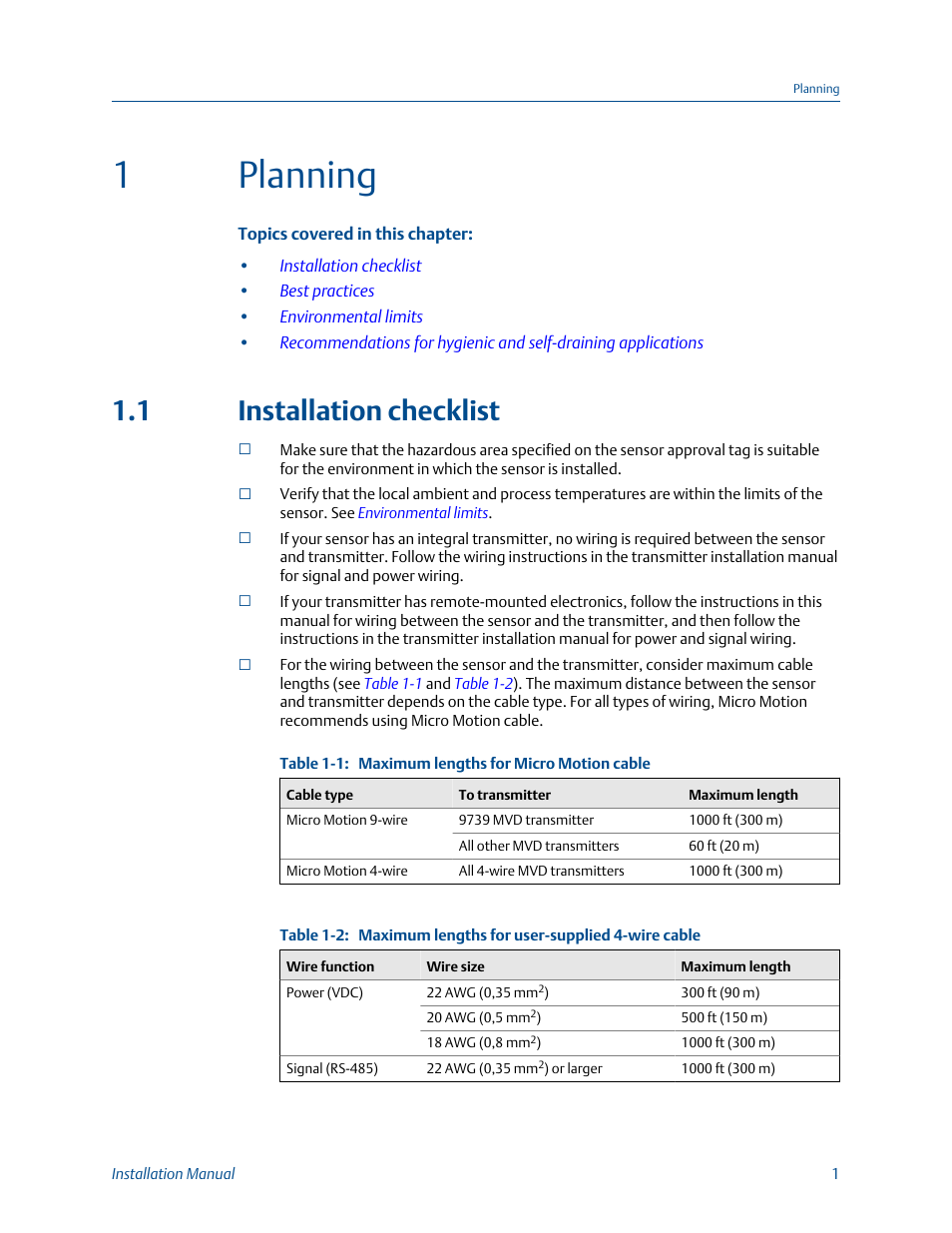 Planning, Installation checklist, Chapter 1 | 1planning, 1 installation checklist | Emerson Process Management MICRO MOTION T-SERIES User Manual | Page 5 / 18