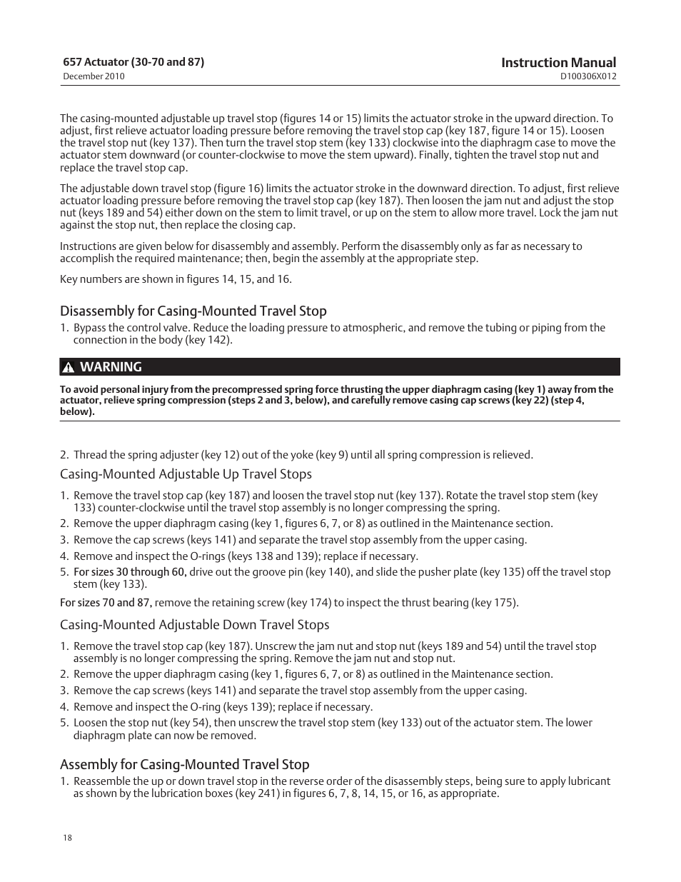 Disassembly for casing‐mounted travel stop, Assembly for casing‐mounted travel stop | Emerson Process Management FISHER 657 User Manual | Page 18 / 28