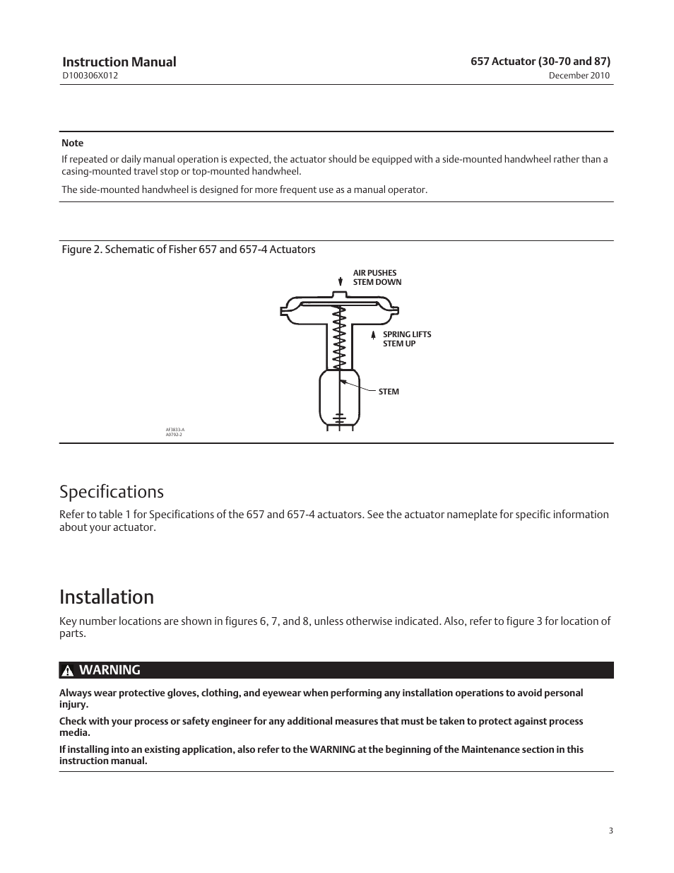 Installation, Specifications | Emerson Process Management FISHER 657 User Manual | Page 3 / 28