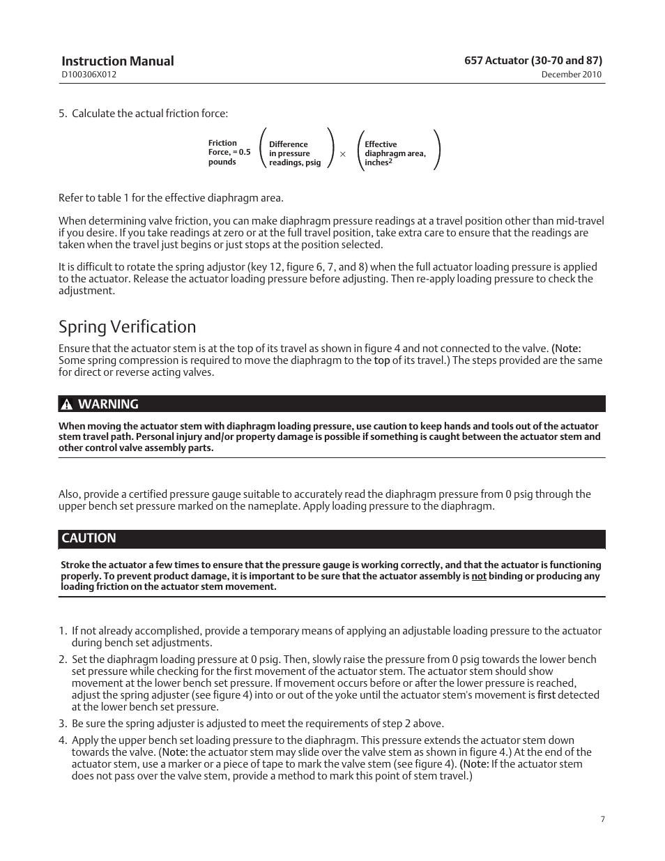 Spring verification, Instruction manual, Warning | Caution | Emerson Process Management FISHER 657 User Manual | Page 7 / 28